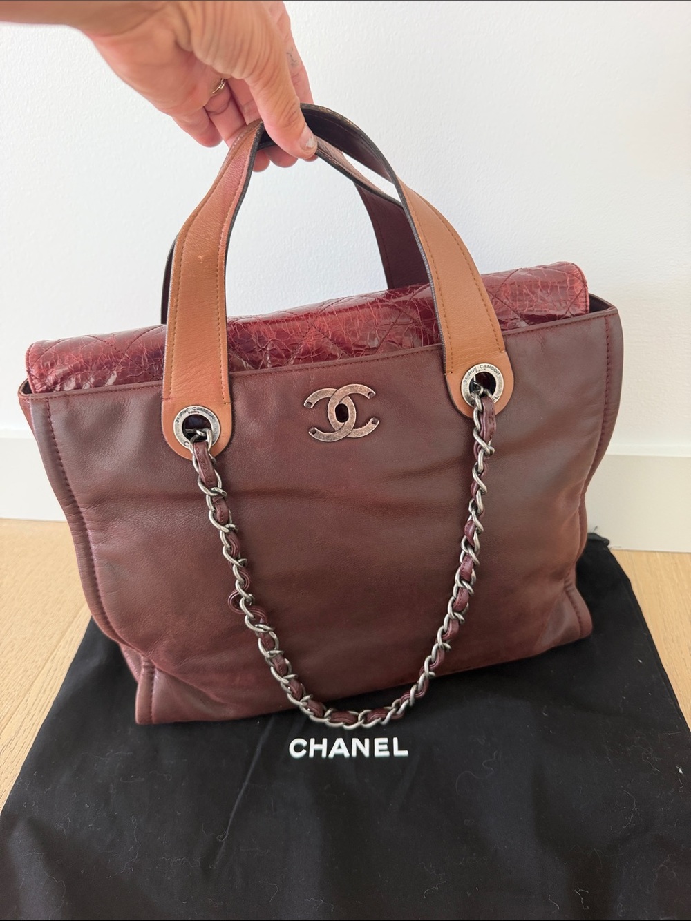 CHANEL Brown and Burgundy Leather Shoulder Tote with Chain Strap